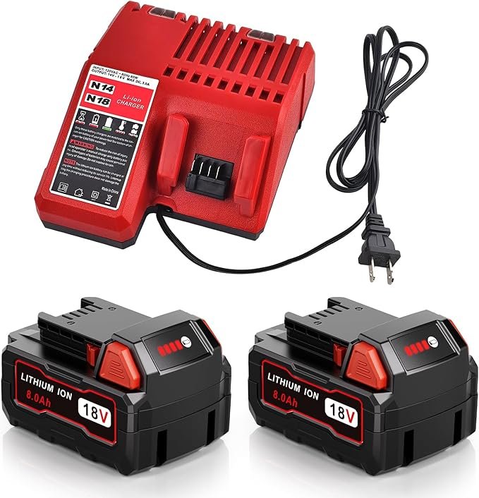 2-Pack 8.0Ah M18 Battery and Charger Kit – High-Capacity Replacement for Milwaukee 18V Tools