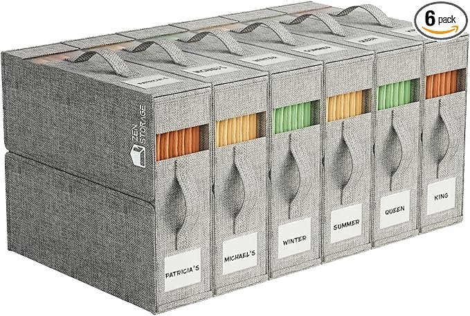 6-Pack Sheet Organizers for Linen Closet – Foldable Bedding Storage Boxes with Clear Window, Grey