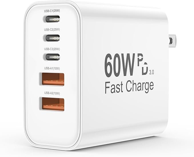 SB C 5-in-1 60W Fast Charger Block – PD 25W USB-C & QC USB Wall Charger for iPhone, iPad, Samsung & More