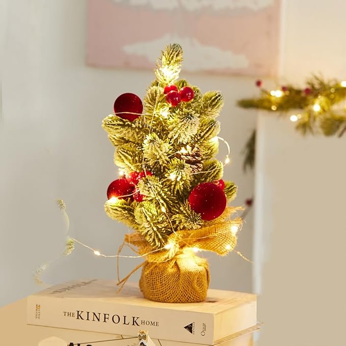 MYELLU Burlap Small Christmas Tree with Lights – 13.7” Tabletop Mini Xmas Tree Centerpiece with Red Ornaments for Home & Office Décor