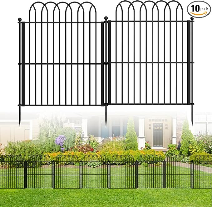 Decorative Garden Fence 10-Pack (17in x 11.25ft) – Rustproof No-Dig Metal Animal Barrier, Arched Flower Bed Edging for Yard, Patio & Outdoor Décor