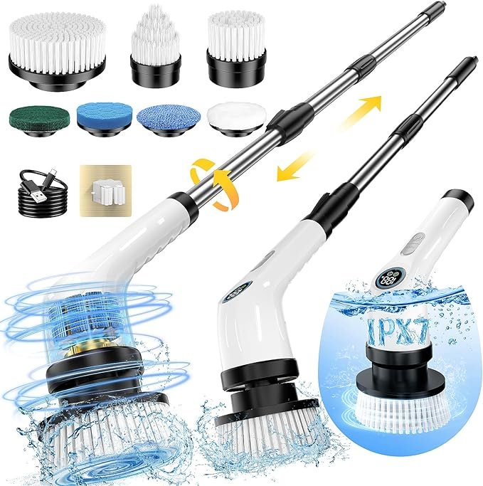 Electric Spin Scrubber – Upgraded Long Runtime, Waterproof Power Cleaner with 7 Brush Heads & Adjustable Handle