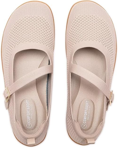 Frank Mully Women’s Wide Width Mary Jane Flats – Comfortable Knit Ballet Flats with Arch Support & Adjustable Strap