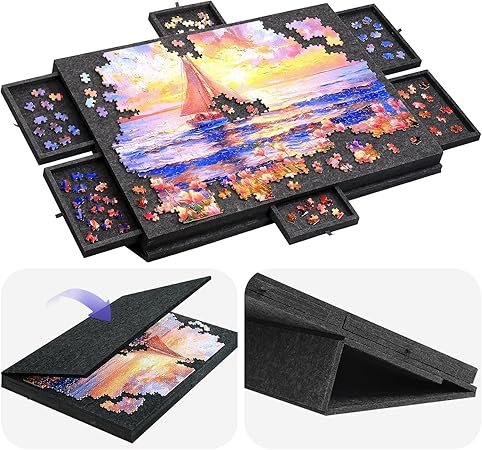 Foldable Puzzle Board with Stand & Cover – 6 Drawer Portable Jigsaw Puzzle Table for 1000 Pieces